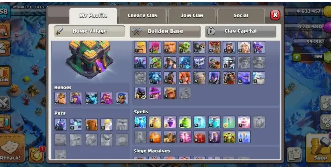 COC290 TH14 Semi-Max Heroes 52/52/35/23/21 Pets L3/5/5/5/0 Builders 6 BH10 Gems 199 XP 158 Siege Machines Clan Capital